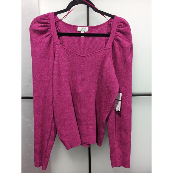 Sofia Vergara| Plus Size Women's Puff Sweetheart Sweater Shimmer Magenta… - Picture 1 of 7